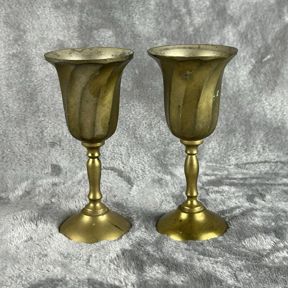 Vintage Miniature‎ Brass Goblet Candle Sticks Lots Of Patina
